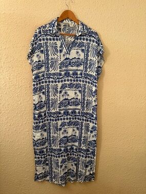 Rachel Zoe Blue and White Tropical Print Midi Shirt Dress